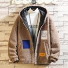 Color Block Letter Printed Shearling Zipped Jacket