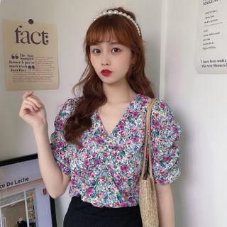 Floral Short Sleeve V-neck Chiffon Blouse