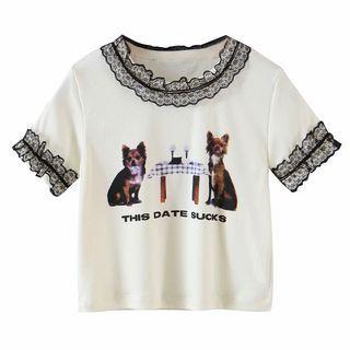 Short Sleeve Lace-trim Printed Crop Top