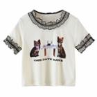 Short Sleeve Lace-trim Printed Crop Top
