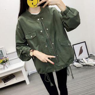 Drawstring Hem Stand Collar Zip Jacket