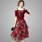 Set: Off-shoulder Knit Top + Floral Skirt