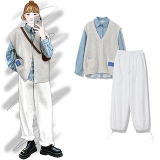 Knit Vest / Long-sleeve Striped Shirt / Harem Pants