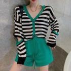 Cutout Striped Cardigan / Plain Shorts