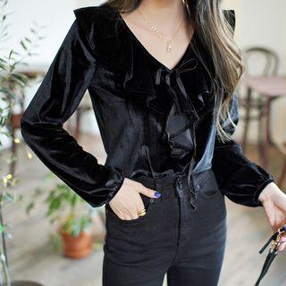 Lace-up Ruffle-trim Velvet Top