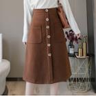 High-waist Plain Button Pocket Midi Skirt