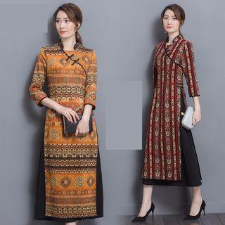 Elbow-sleeve Patterned A-line Midi Dress