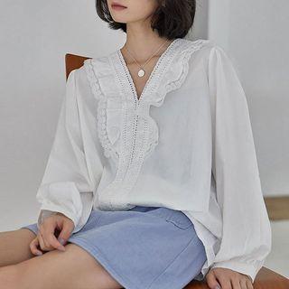 V-neck Ruffle Trim Long-sleeve Blouse White - One Size