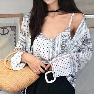 Spaghetti Strap Paisley Print Top / Light Jacket / High Waist Wide-leg Pants