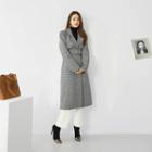 Wool Blend Houndstooth Coat With Belt Black - One Size