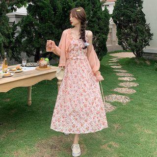 Floral Print Spaghetti-strap Dress + Cardigan