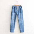 Smiley Face Embroidered Drawstring Jeans