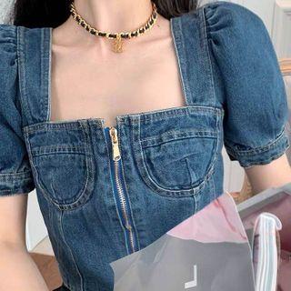 Short-sleeve Zip Tie-back Denim Cropped Top