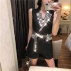 Double-breasted Rhinestone Vest With Sash / High-waist Shorts