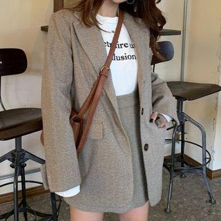 Herringbone Blazer / Lettering Long-sleeve T-shirt / A-line Mini Skirt