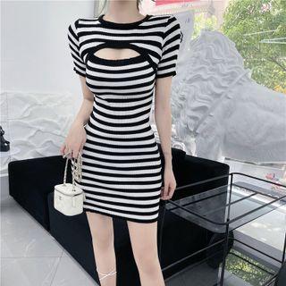 Short-sleeve Striped Cutout Mini Dress