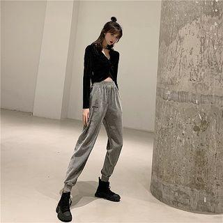 V-neck Twisted Velvet Blouse / Letter Embroidered Sweatpants