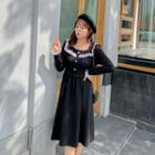 Long-sleeve Lace Trim Sailor-collar Midi Dress