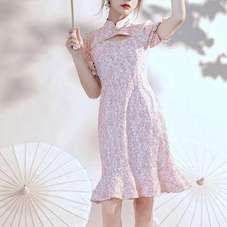 Mandarin Collar Floral Mini Mermaid Dress