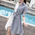 Pinstriped Panel Cutout Short-sleeve Mini A-line Dress