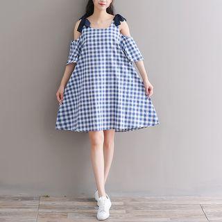 Plaid Elbow-sleeve Cold-shoulder A-line Dress