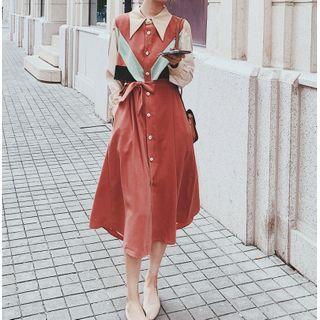 Long-sleeve Panel Tie-waist Midi Dress