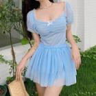 Short-sleeve Ruffle Trim A-line Dress Blue - One Size