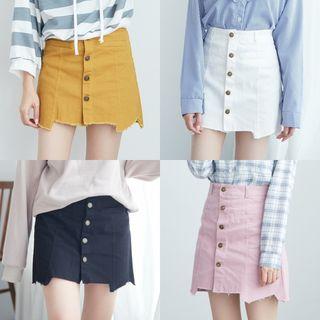 Fray Hem Single-breasted A-line Skirt