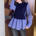 Knit Panel Striped Blouse Blue - One Size