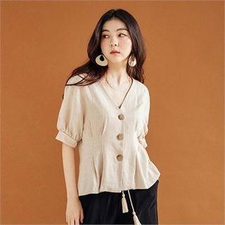 Puff-sleeve Linen Blend Peplum Blouse