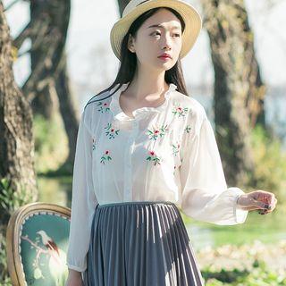Flower Embroidered Frill Trim Long Sleeve Chiffon Dress