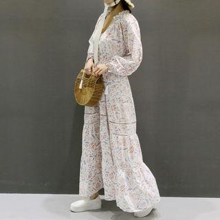 Tassel-neck Puff-sleeve Patterned Maxi Shirtdress