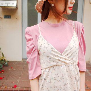 Puff-shoulder Elbow-sleeve T-shirt