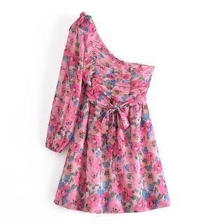 Long-sleeve One-shoulder Print Mini A-line Dress