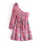 Long-sleeve One-shoulder Print Mini A-line Dress
