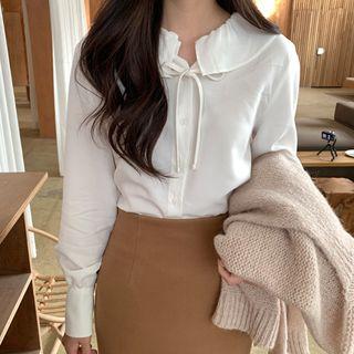 Beribboned Frilled-collar Bishop-sleeve Blouse