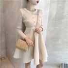 Ribbed Long-sleeve Knit A-line Dress