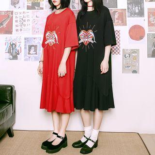 Elbow-sleeve Cartoon Print A-line T-shirt Dress