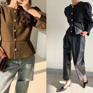 Puff-sleeve Collarless Peplum Jacket