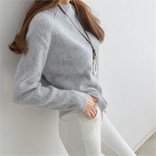Raglan-sleeve Rib-knit Wool Sweater