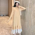 Long-sleeve Chiffon Panel Midi A-line Knit Dress