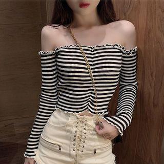Off-shoulder Striped Ruffled Ribbed Top