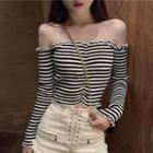 Off-shoulder Striped Ruffled Ribbed Top