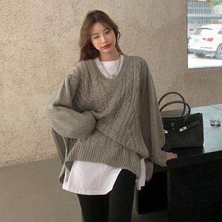 Crewneck Loose-fit Plain Top / V-neck Split Plain Sweater / Skinny Pants