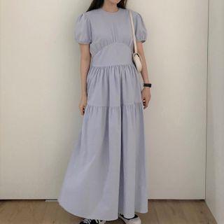Short-sleeve Tiered Maxi A-line Dress Grayish Blue - One Size