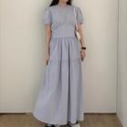 Short-sleeve Tiered Maxi A-line Dress Grayish Blue - One Size