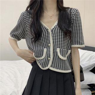 Short-sleeve Houndstooth Button-up Blouse