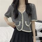 Short-sleeve Houndstooth Button-up Blouse