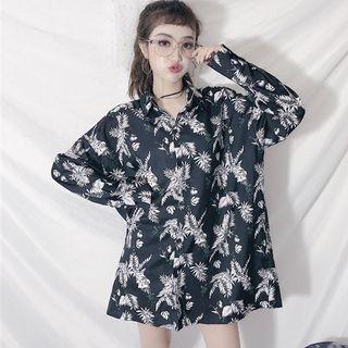Long-sleeve Leaf Printed Shirt Black - One Size