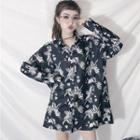 Long-sleeve Leaf Printed Shirt Black - One Size